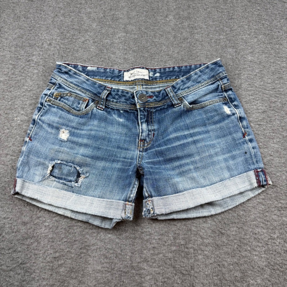 Aeropostale Denim Shorts Women's 3/4 Blue Distressed Cuffed Low Rise Cotton